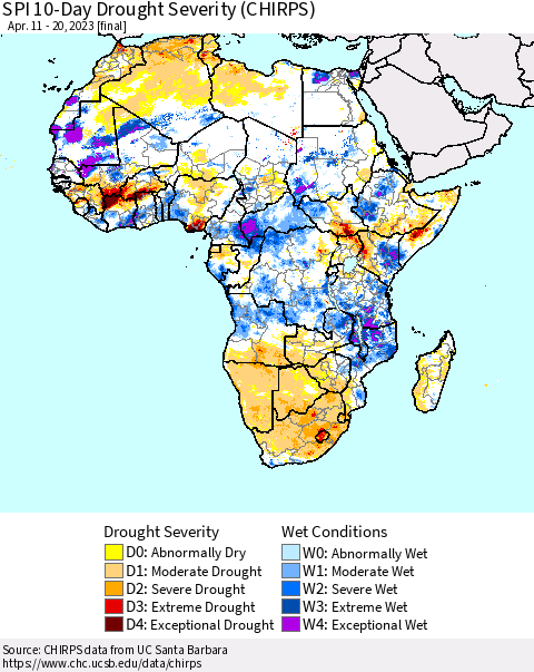 Africa SPI 10-Day Drought Severity (CHIRPS) Thematic Map For 4/11/2023 - 4/20/2023