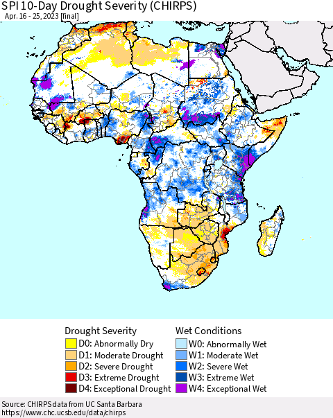 Africa SPI 10-Day Drought Severity (CHIRPS) Thematic Map For 4/16/2023 - 4/25/2023