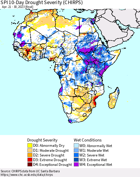 Africa SPI 10-Day Drought Severity (CHIRPS) Thematic Map For 4/21/2023 - 4/30/2023