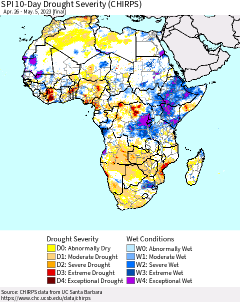 Africa SPI 10-Day Drought Severity (CHIRPS) Thematic Map For 4/26/2023 - 5/5/2023