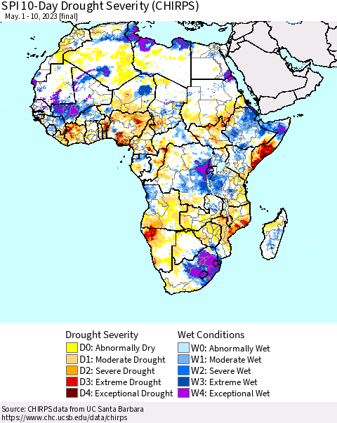 Africa SPI 10-Day Drought Severity (CHIRPS) Thematic Map For 5/1/2023 - 5/10/2023