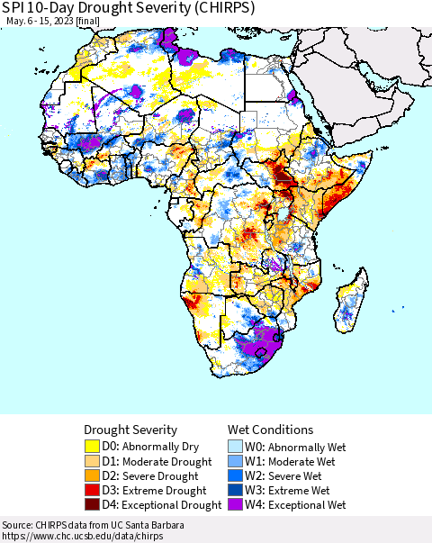 Africa SPI 10-Day Drought Severity (CHIRPS) Thematic Map For 5/6/2023 - 5/15/2023