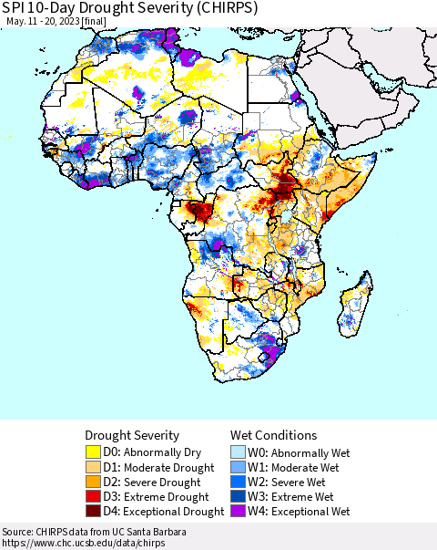 Africa SPI 10-Day Drought Severity (CHIRPS) Thematic Map For 5/11/2023 - 5/20/2023