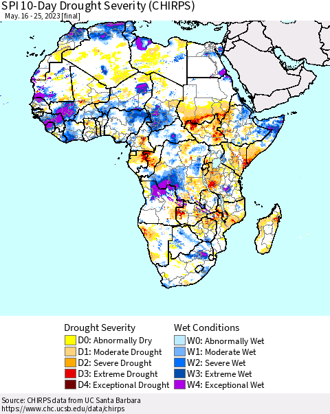 Africa SPI 10-Day Drought Severity (CHIRPS) Thematic Map For 5/16/2023 - 5/25/2023