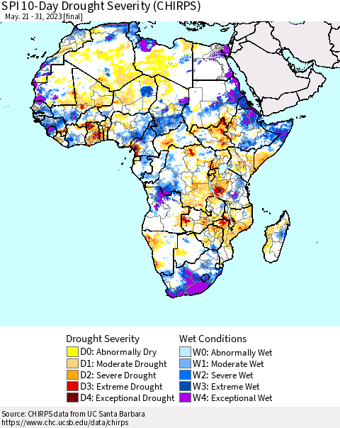 Africa SPI 10-Day Drought Severity (CHIRPS) Thematic Map For 5/21/2023 - 5/31/2023