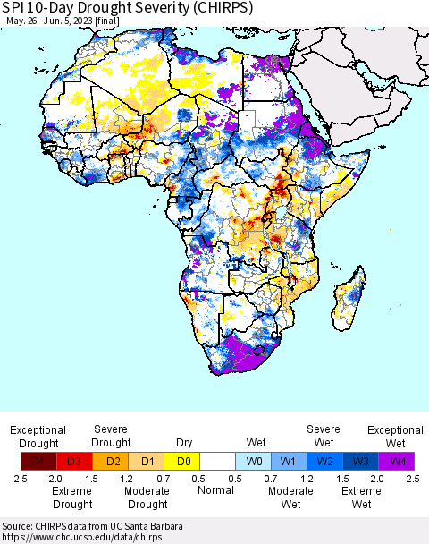 Africa SPI 10-Day Drought Severity (CHIRPS) Thematic Map For 5/26/2023 - 6/5/2023