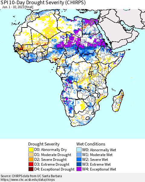 Africa SPI 10-Day Drought Severity (CHIRPS) Thematic Map For 6/1/2023 - 6/10/2023
