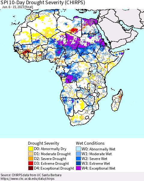 Africa SPI 10-Day Drought Severity (CHIRPS) Thematic Map For 6/6/2023 - 6/15/2023