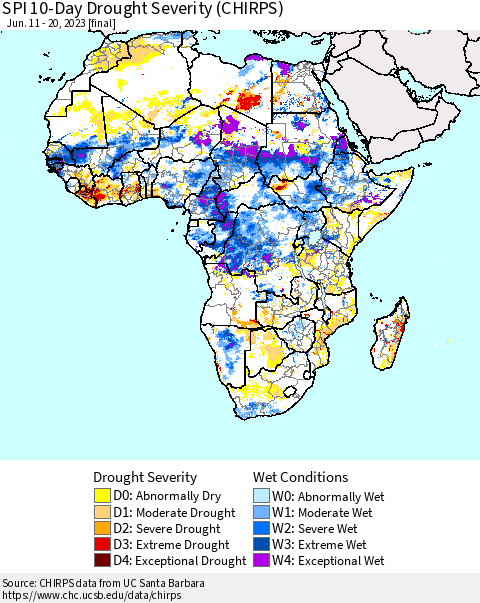 Africa SPI 10-Day Drought Severity (CHIRPS) Thematic Map For 6/11/2023 - 6/20/2023