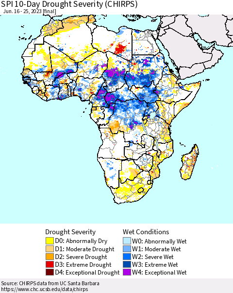 Africa SPI 10-Day Drought Severity (CHIRPS) Thematic Map For 6/16/2023 - 6/25/2023