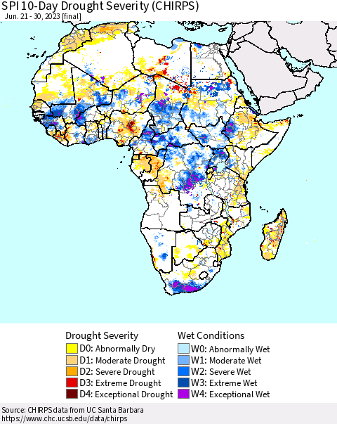 Africa SPI 10-Day Drought Severity (CHIRPS) Thematic Map For 6/21/2023 - 6/30/2023