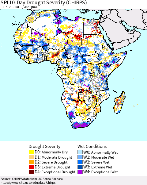 Africa SPI 10-Day Drought Severity (CHIRPS) Thematic Map For 6/26/2023 - 7/5/2023
