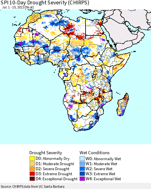 Africa SPI 10-Day Drought Severity (CHIRPS) Thematic Map For 7/1/2023 - 7/10/2023