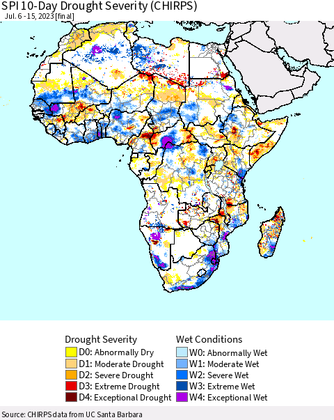 Africa SPI 10-Day Drought Severity (CHIRPS) Thematic Map For 7/6/2023 - 7/15/2023