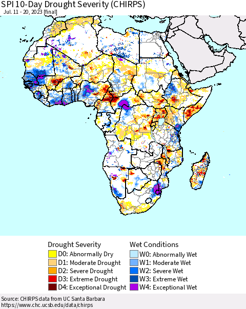 Africa SPI 10-Day Drought Severity (CHIRPS) Thematic Map For 7/11/2023 - 7/20/2023