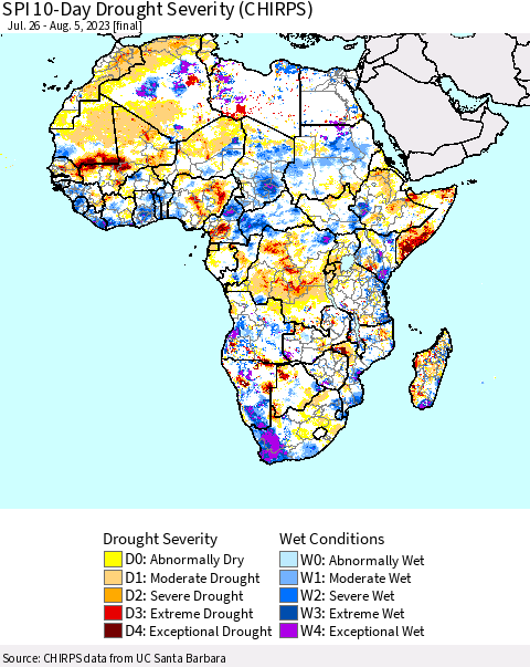 Africa SPI 10-Day Drought Severity (CHIRPS) Thematic Map For 7/26/2023 - 8/5/2023