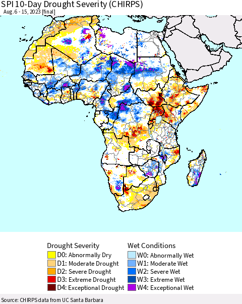 Africa SPI 10-Day Drought Severity (CHIRPS) Thematic Map For 8/6/2023 - 8/15/2023