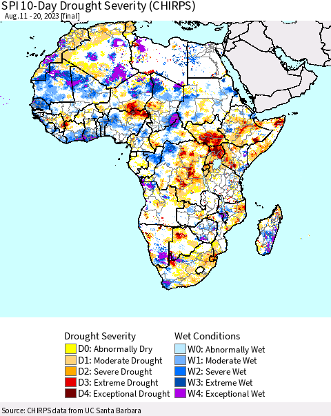 Africa SPI 10-Day Drought Severity (CHIRPS) Thematic Map For 8/11/2023 - 8/20/2023