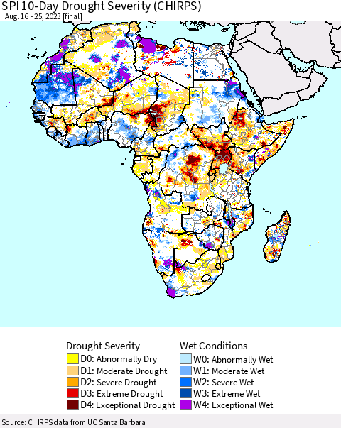 Africa SPI 10-Day Drought Severity (CHIRPS) Thematic Map For 8/16/2023 - 8/25/2023