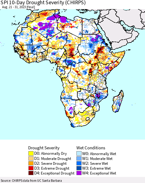 Africa SPI 10-Day Drought Severity (CHIRPS) Thematic Map For 8/21/2023 - 8/31/2023