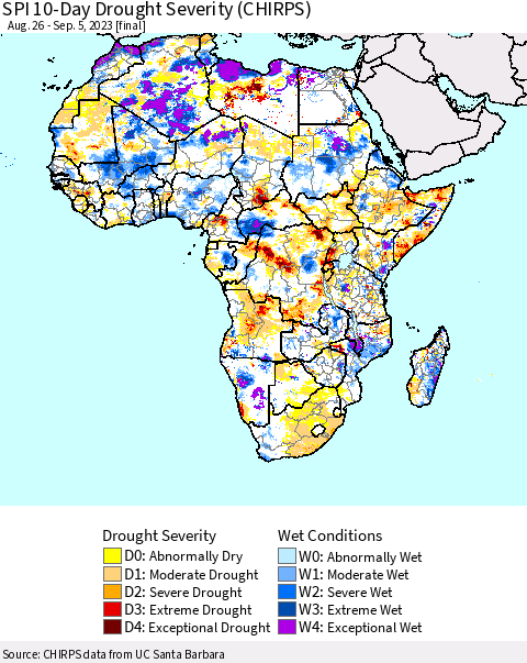 Africa SPI 10-Day Drought Severity (CHIRPS) Thematic Map For 8/26/2023 - 9/5/2023