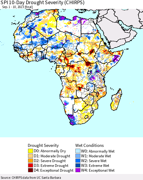 Africa SPI 10-Day Drought Severity (CHIRPS) Thematic Map For 9/1/2023 - 9/10/2023