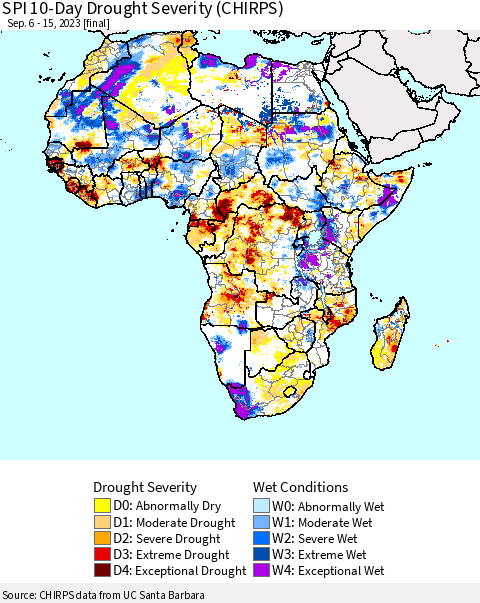Africa SPI 10-Day Drought Severity (CHIRPS) Thematic Map For 9/6/2023 - 9/15/2023