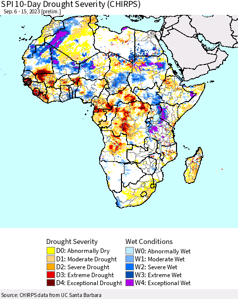 Africa SPI 10-Day Drought Severity (CHIRPS) Thematic Map For 9/6/2023 - 9/15/2023