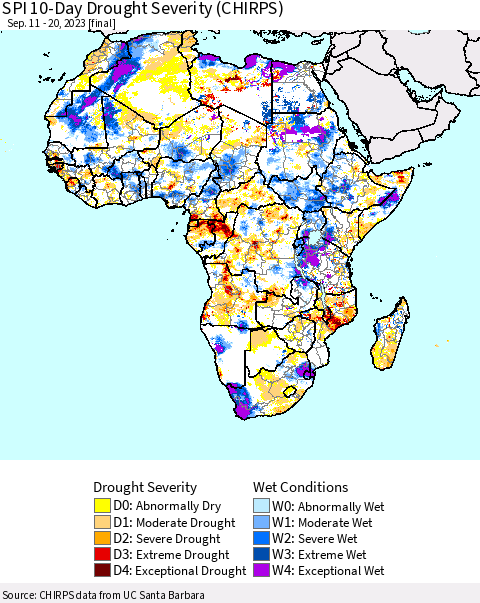 Africa SPI 10-Day Drought Severity (CHIRPS) Thematic Map For 9/11/2023 - 9/20/2023