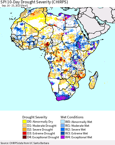 Africa SPI 10-Day Drought Severity (CHIRPS) Thematic Map For 9/16/2023 - 9/25/2023