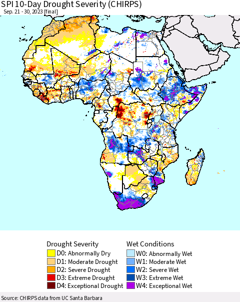 Africa SPI 10-Day Drought Severity (CHIRPS) Thematic Map For 9/21/2023 - 9/30/2023