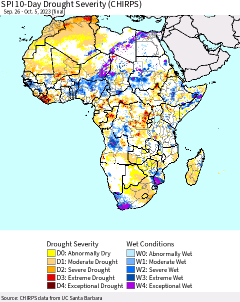 Africa SPI 10-Day Drought Severity (CHIRPS) Thematic Map For 9/26/2023 - 10/5/2023