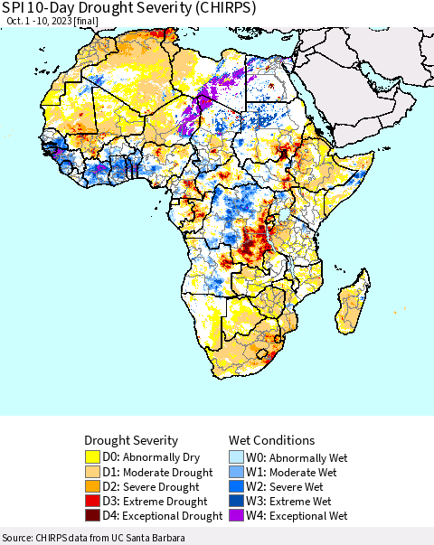 Africa SPI 10-Day Drought Severity (CHIRPS) Thematic Map For 10/1/2023 - 10/10/2023