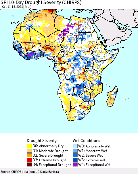 Africa SPI 10-Day Drought Severity (CHIRPS) Thematic Map For 10/6/2023 - 10/15/2023