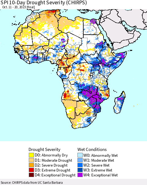 Africa SPI 10-Day Drought Severity (CHIRPS) Thematic Map For 10/11/2023 - 10/20/2023