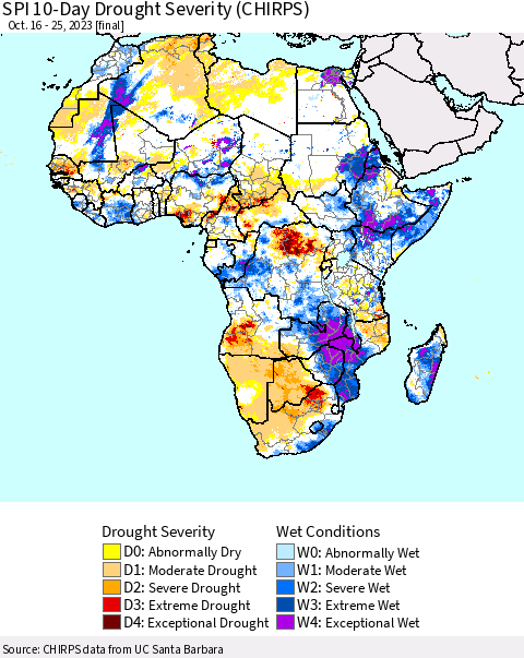 Africa SPI 10-Day Drought Severity (CHIRPS) Thematic Map For 10/16/2023 - 10/25/2023