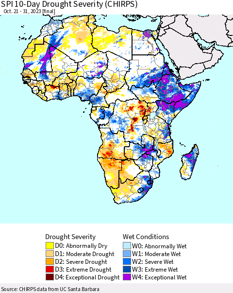Africa SPI 10-Day Drought Severity (CHIRPS) Thematic Map For 10/21/2023 - 10/31/2023