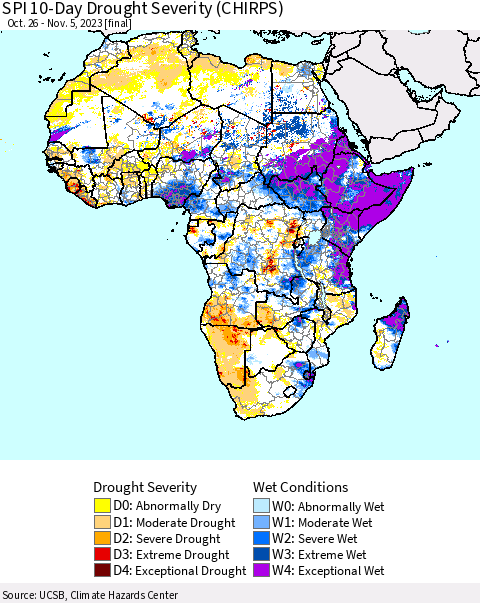 Africa SPI 10-Day Drought Severity (CHIRPS) Thematic Map For 10/26/2023 - 11/5/2023
