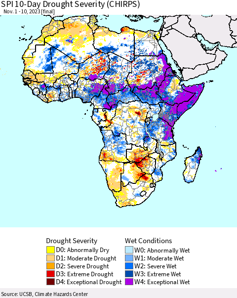 Africa SPI 10-Day Drought Severity (CHIRPS) Thematic Map For 11/1/2023 - 11/10/2023