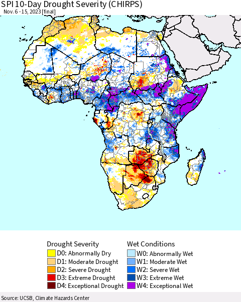 Africa SPI 10-Day Drought Severity (CHIRPS) Thematic Map For 11/6/2023 - 11/15/2023