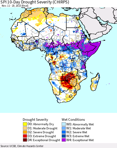 Africa SPI 10-Day Drought Severity (CHIRPS) Thematic Map For 11/11/2023 - 11/20/2023