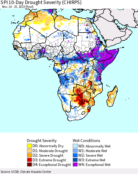 Africa SPI 10-Day Drought Severity (CHIRPS) Thematic Map For 11/16/2023 - 11/25/2023