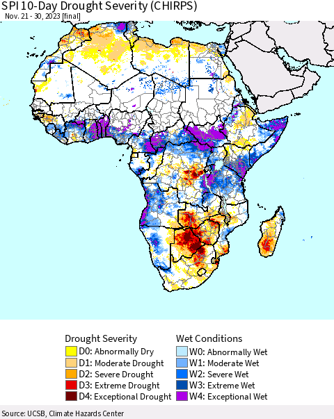 Africa SPI 10-Day Drought Severity (CHIRPS) Thematic Map For 11/21/2023 - 11/30/2023
