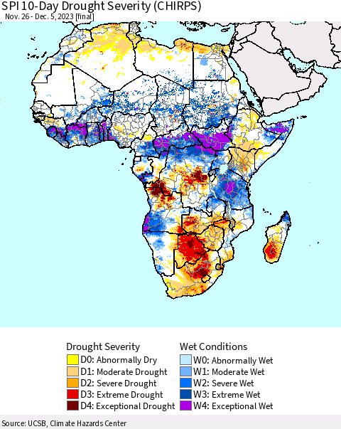 Africa SPI 10-Day Drought Severity (CHIRPS) Thematic Map For 11/26/2023 - 12/5/2023