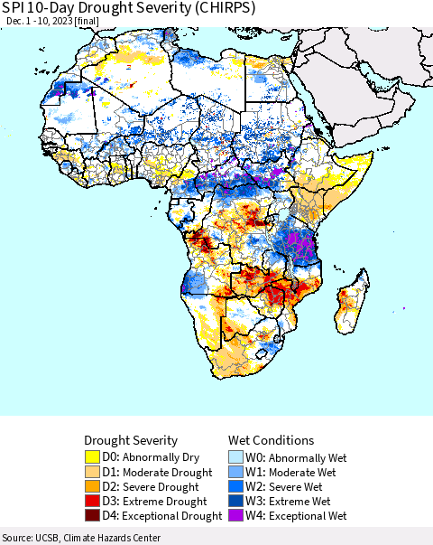 Africa SPI 10-Day Drought Severity (CHIRPS) Thematic Map For 12/1/2023 - 12/10/2023