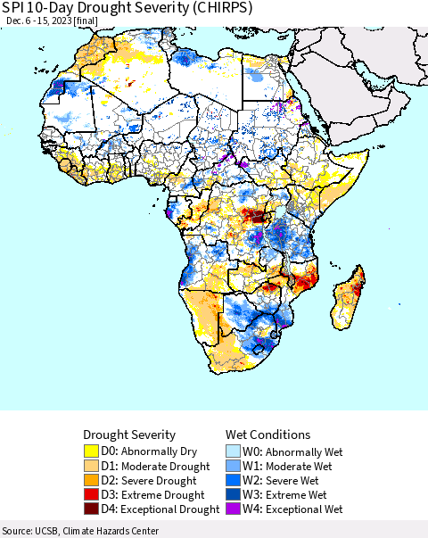 Africa SPI 10-Day Drought Severity (CHIRPS) Thematic Map For 12/6/2023 - 12/15/2023