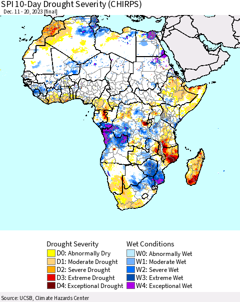 Africa SPI 10-Day Drought Severity (CHIRPS) Thematic Map For 12/11/2023 - 12/20/2023