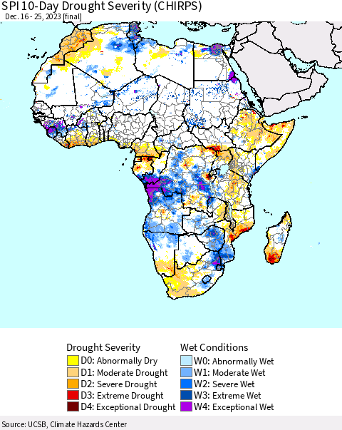 Africa SPI 10-Day Drought Severity (CHIRPS) Thematic Map For 12/16/2023 - 12/25/2023