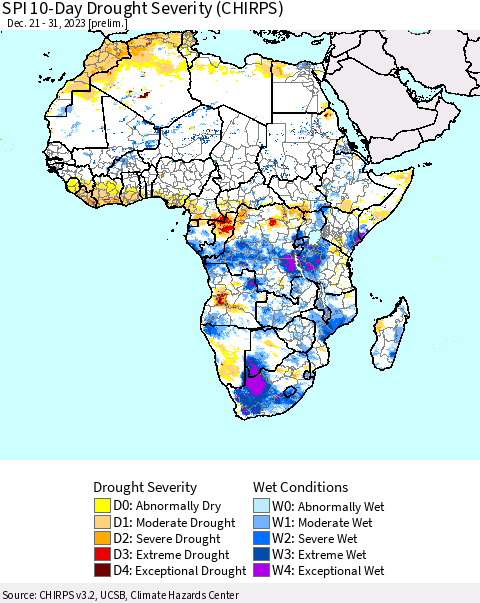 Africa SPI 10-Day Drought Severity (CHIRPS) Thematic Map For 12/21/2023 - 12/31/2023
