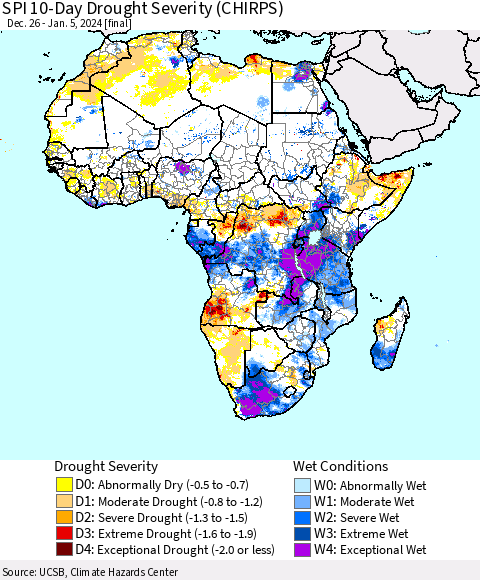 Africa SPI 10-Day Drought Severity (CHIRPS) Thematic Map For 12/26/2023 - 1/5/2024